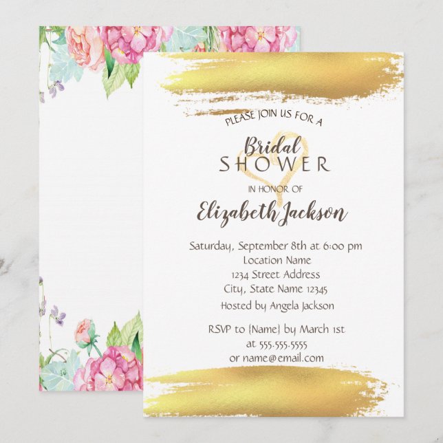 Blume Gold Brush Stroke Brautparty Einladung (Vorne/Hinten)