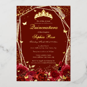 Blume Gold Red Tiara Quinceanera Folieneinladung