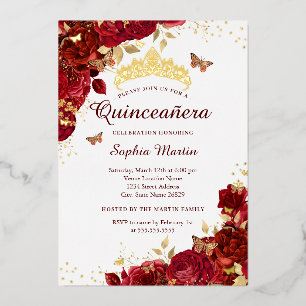 Blume Gold Roter Schmetterling Elegante Quinceaner Folieneinladung
