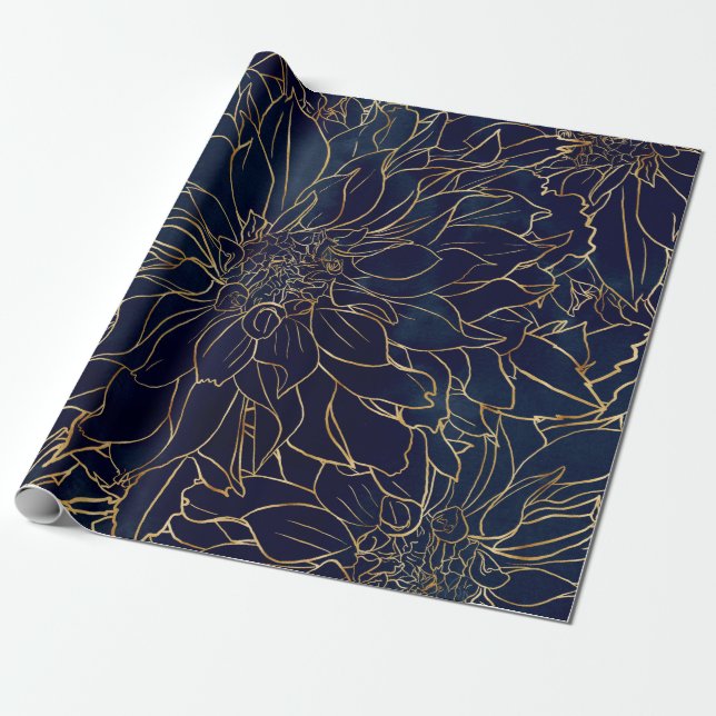 Blume Gold und Blue Dahlia Geschenkpapier (Ungerollt)