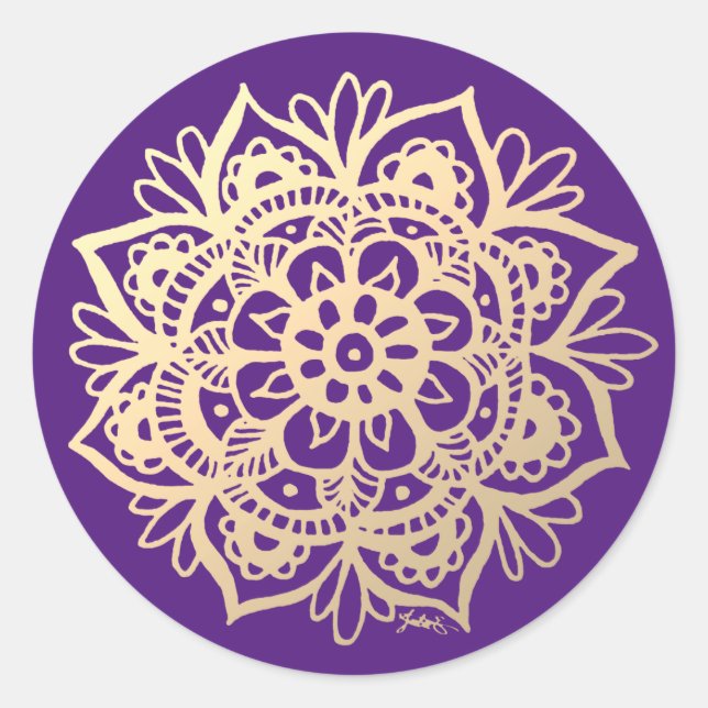 Blume Gold und Violet Mandala Runder Aufkleber (Vorderseite)