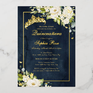 Blume Goldener Schmetterling Marine Quinceanera  Folieneinladung