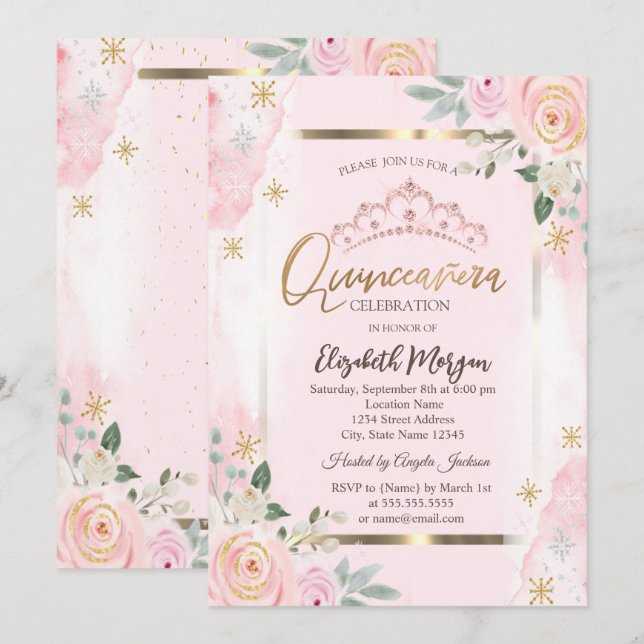 Blume Goldrahmen Roses Quinceañera Einladung (Vorne/Hinten)
