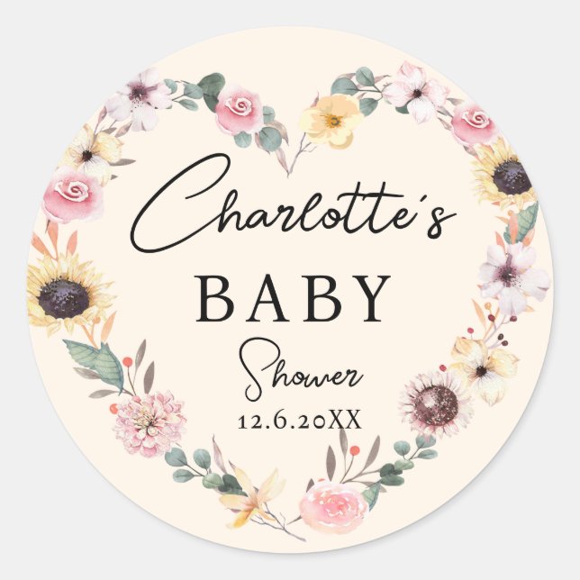 Blume-Herz-BABY-Dusche Runder Aufkleber (Vorderseite)