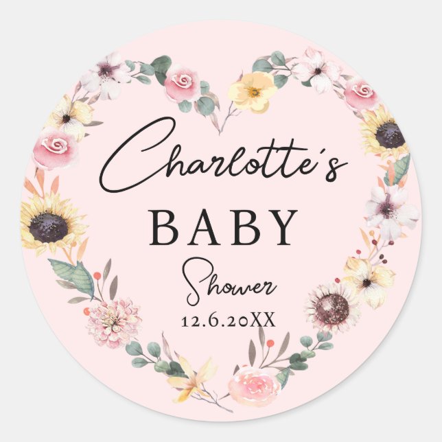 Blume-Herz-BABY-Dusche Runder Aufkleber (Vorderseite)