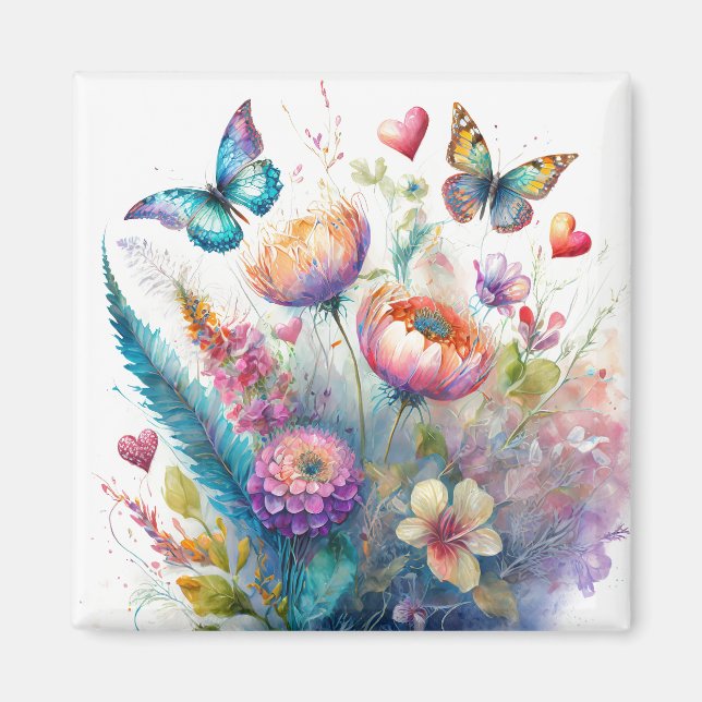 Blume, Herz und Schmetterlinge Magnet (Vorne)
