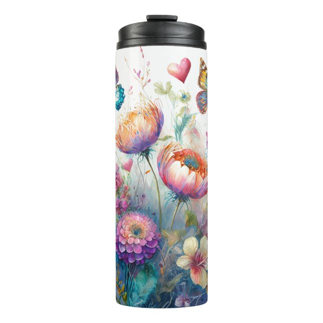 Blume, Herz und Schmetterlinge Thermosbecher (Vorderseite)
