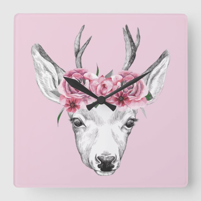 Blume Hirsch Quadratische Wanduhr (Vorderseite)