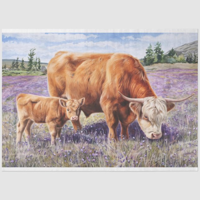 Blume Hochland-Kuh und Kalb Art Decoupage Seidenpapier (Vorderseite)