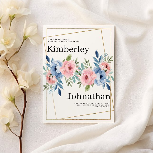 Blume Hochzeit der geometrischen goldfarbenen Rosa Einladung (Geometric gold pink navy blue mint flowers Wedding)