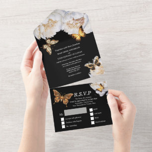 Blume-Hochzeit mit Schwarz-weißem Goldschmetterlin All In One Einladung