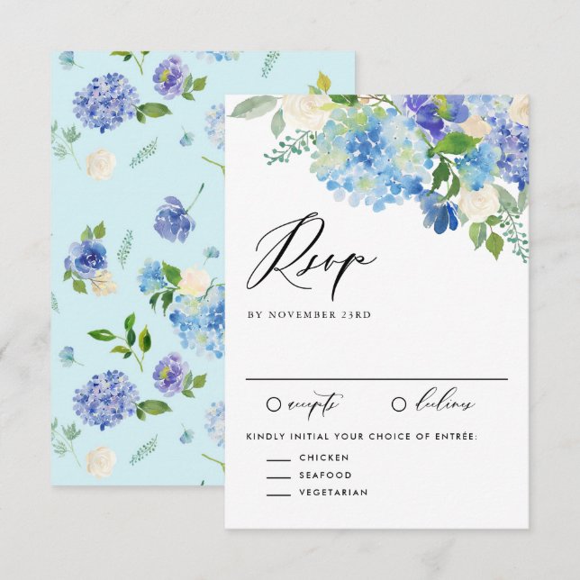 Blume Hochzeit von Aquarell Blue Hydrangea RSVP Karte (Vorne/Hinten)