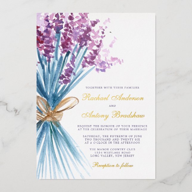 Blume Hochzeit von Aquarelllavender Folieneinladung (Vorderseite)