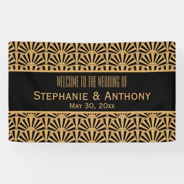 Blume Hochzeit von Gold und Black Art Deco Banner (Horizontal)