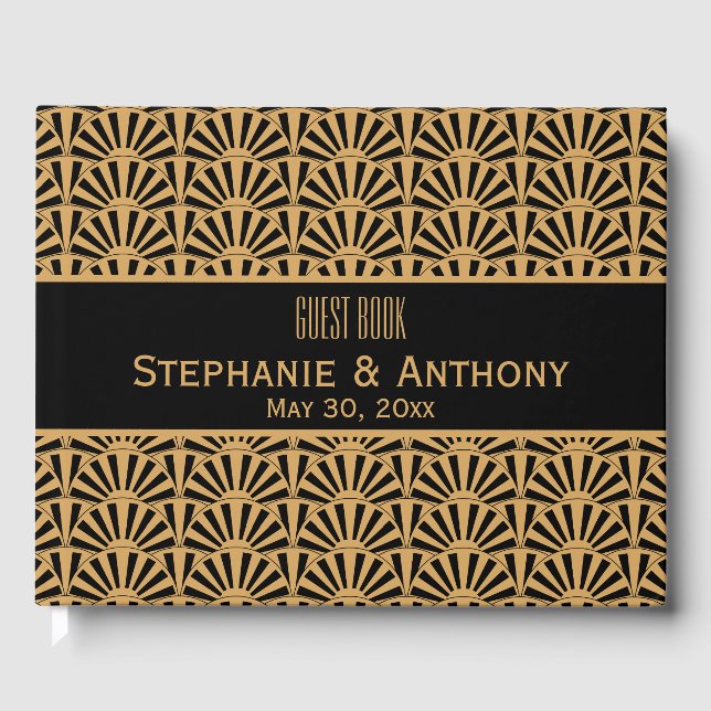Blume Hochzeit von Gold und Black Art Deco Gästebuch (Vorderseite)