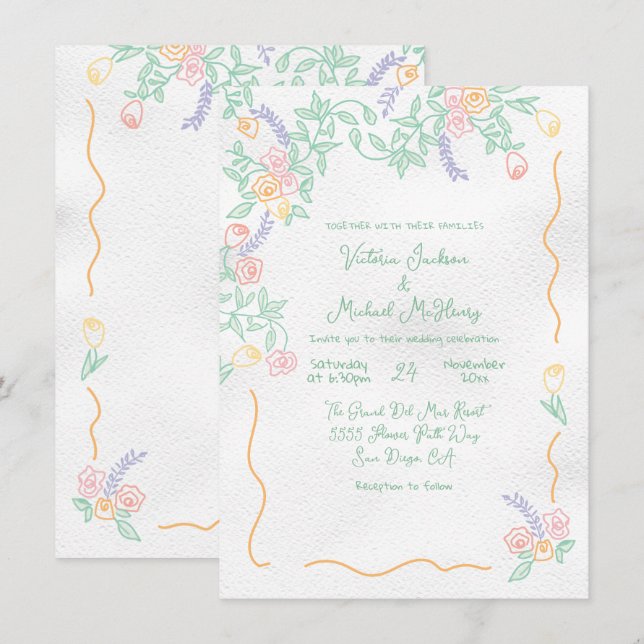 Blume-Hochzeit von Hand Einladung (Vorne/Hinten)