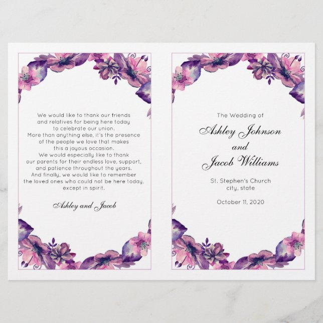 Blume Hochzeitsprogramm. Lila Kirchenfeier (Vorderseite)