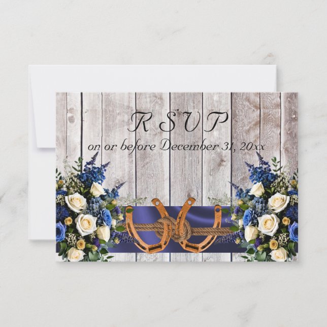 Blume & Hufeisen, blaues Band RSVP Karte (Vorderseite)
