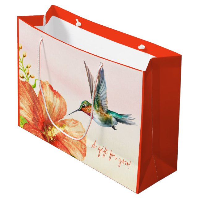 Blume Hummingvogel und Hibiskus Große Geschenktüte (Vorderseite Schrägansicht)