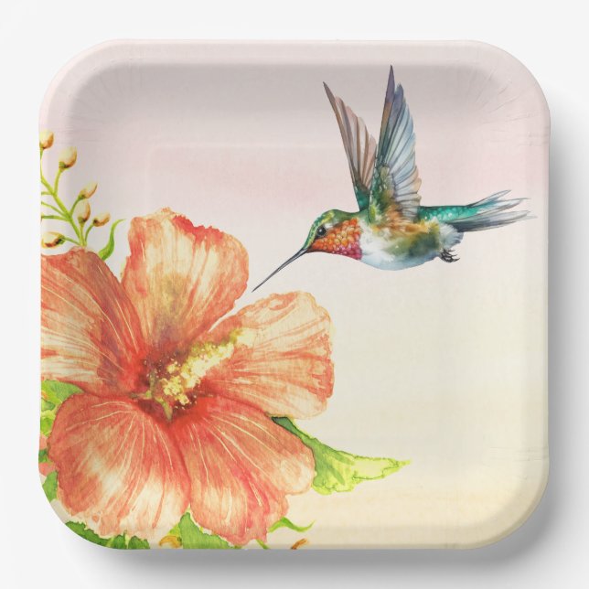Blume Hummingvogel und Hibiskus Pappteller (Vorderseite)
