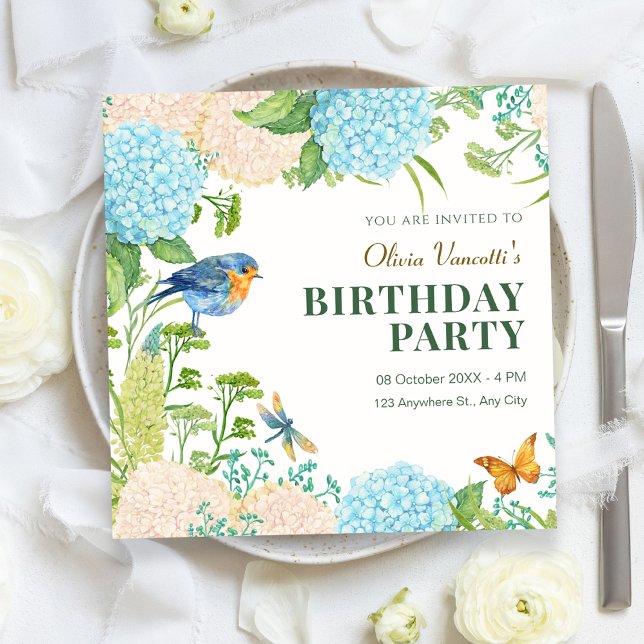 Blume Hydrangea Bird Butterfly Geburtstag Einladung (Von Creator hochgeladen)