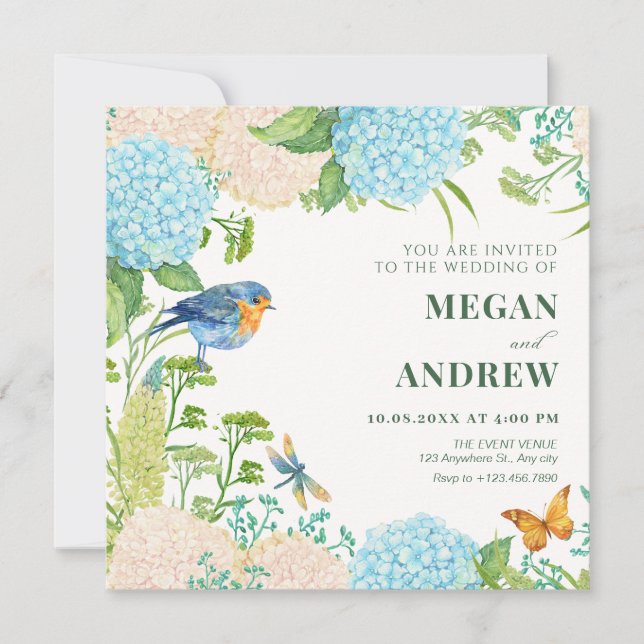 Blume Hydrangea Bird Butterfly Hochzeit Einladung (Vorderseite)