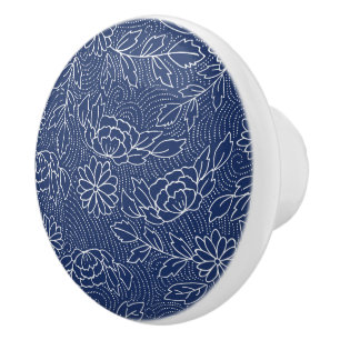 Blume im japanischen Stil in Weiß und Blau Keramikknauf