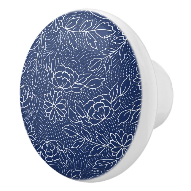 Blume im japanischen Stil in Weiß und Blau Keramikknauf (Rechts)