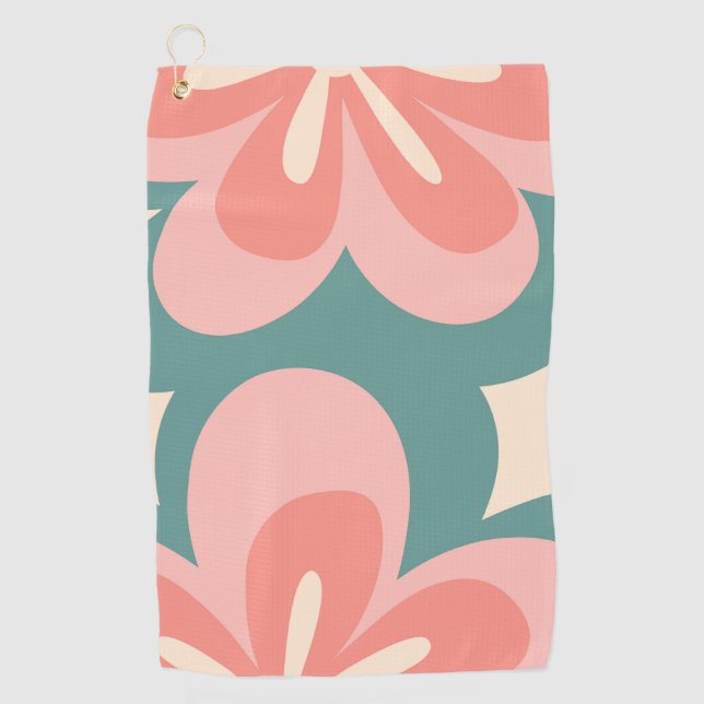 Blume im Retro-Stil in Rosa und Türkis Golfhandtuch (Vorderseite)
