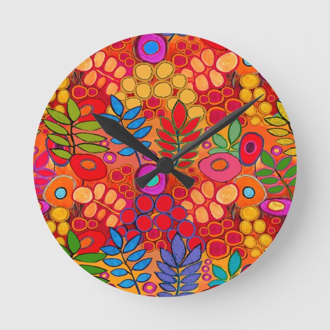 Blume im sonnigen Garten - Rotes Gelb Runde Wanduhr (Vorderseite)