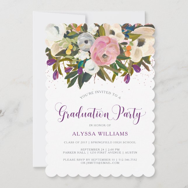 Blume | Imitats Glitzer Graduation Party Einladung (Vorderseite)