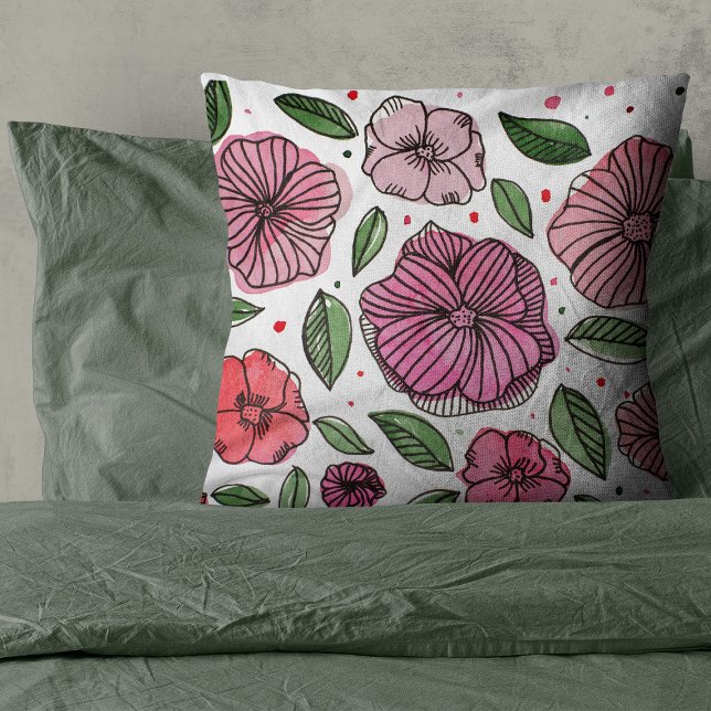 Blume in Aquarell und Tinte - Rosa und Grün Kissen (Von Creator hochgeladen)