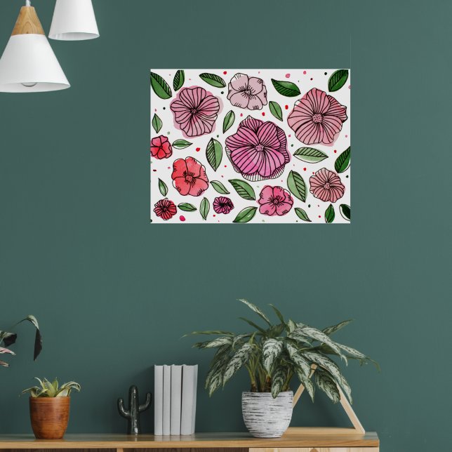 Blume in Aquarell und Tinte - Rosa und Grün Poster (Wohnzimmer 1)