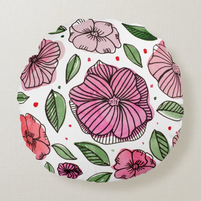 Blume in Aquarell und Tinte - Rosa und Grün Rundes Kissen (Vorderseite)