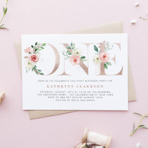 Blume in Aquarellfarbe Rose Gold Zum ersten Geburt Einladung