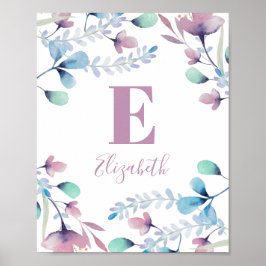 Blume in Aquarellfarben, Monogramm. Baby Mädchen.  Poster