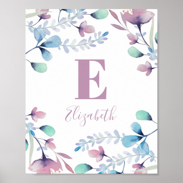 Blume in Aquarellfarben, Monogramm. Baby Mädchen.  Poster (Vorne)