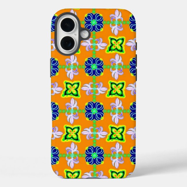 Blume in Artdeco Retro Rosa Gelb iPhone 16 Plus Hülle (Rückseite)