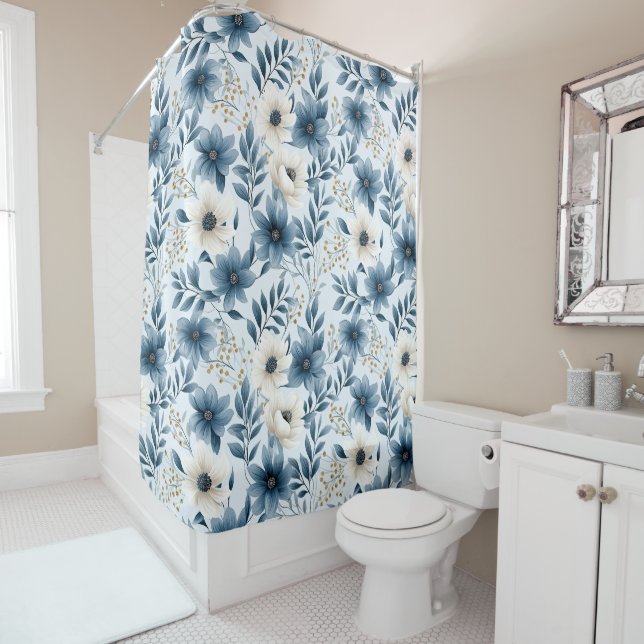 Blume in Blau und Beige Duschvorhang (Beispiel)
