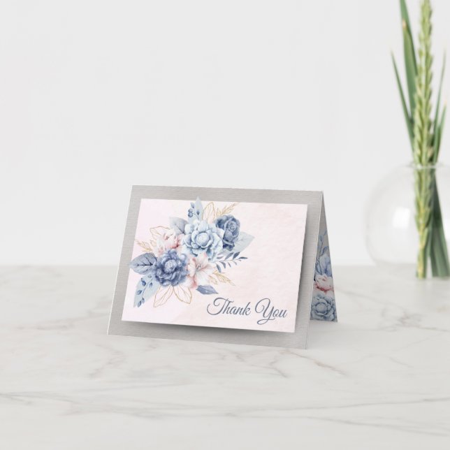 Blume in Blau und Rosa auf Pink & Gray Wedding Dankeskarte (Vorderseite)