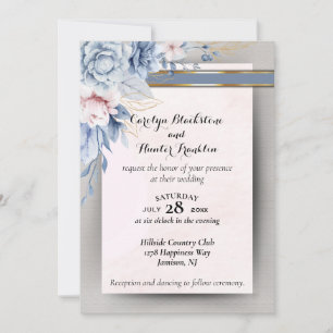 Blume in Blau und Rosa auf Pink & Gray Wedding Einladung