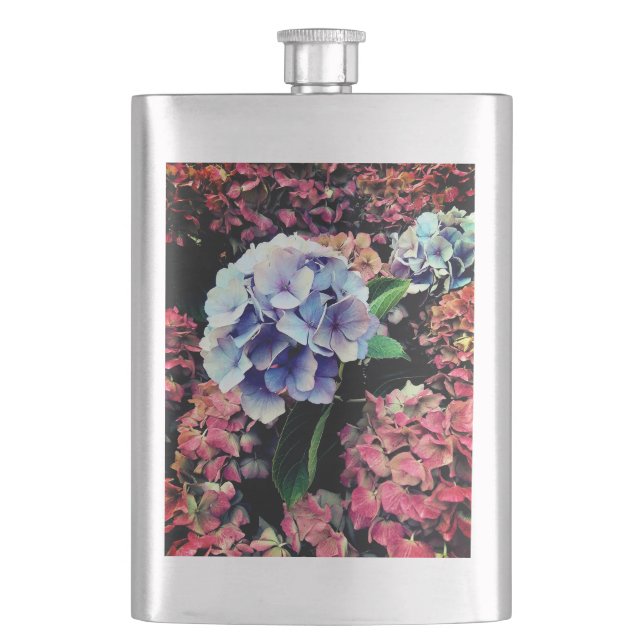 Blume in Blau und Rosa Flachmann (Vorderseite)