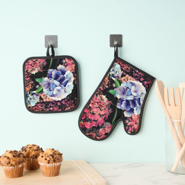 Blume in Blau und Rosa Ofenhandschuh & Topflappen-Set (Insitu (Hängend))