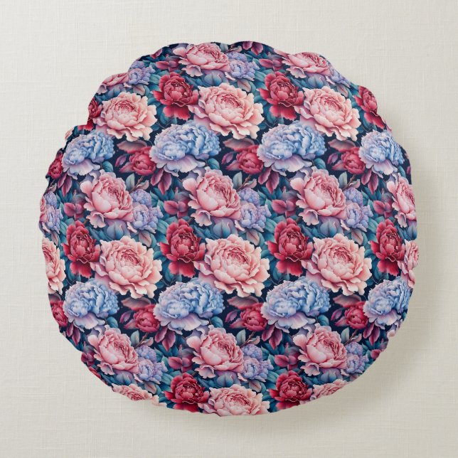 Blume in Blau und Rosa Rundes Kissen (Vorderseite)