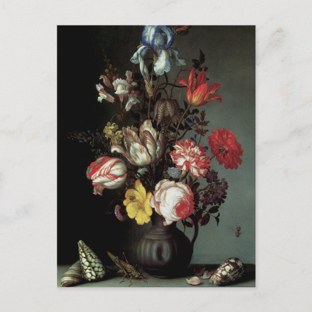 Blume in einer Vase mit Muscheln und Insekten Postkarte (Vorderseite)