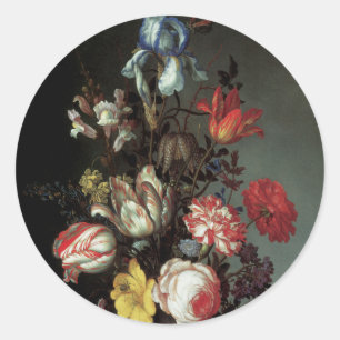 Blume in einer Vase mit Muscheln und Insekten Runder Aufkleber