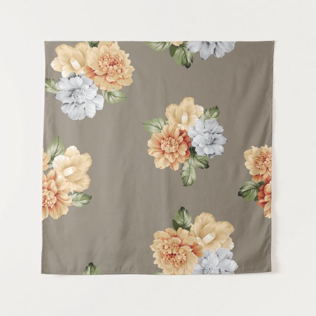 Blume in Grau und Creme mit Blätter Wandteppich (Vorderseite)