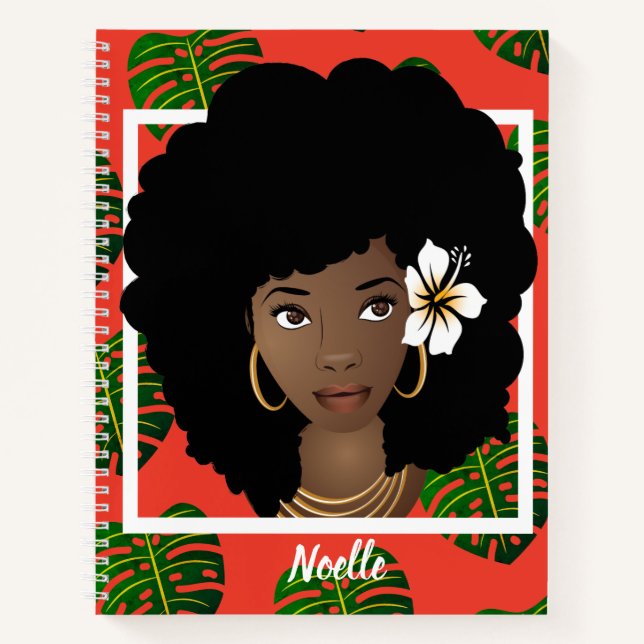 Blume in ihrem Haar, tropisches Rot-Notebook Notizbuch (Vorderseite)
