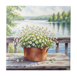 Blume in Kupfer-Topf am Lakehouse Deck Fliese