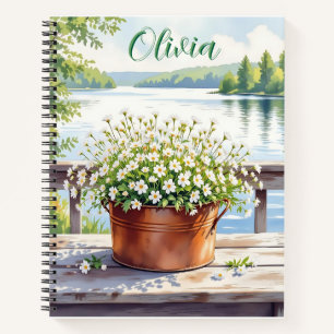 Blume in Kupfer-Topf am Lakehouse Deck Notizbuch